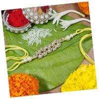 I Jewels Mens Gold Plated Ethnic Pearl Beads Bhaiya Rakhi With Roli Chawal & Rakshabandhan Card For Bro/Brother/Bhai (R024-R) Pack Of 1