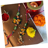 I Jewels Ethnic Printed Bhaiya Bhabhi Lumba Rakhi Bracelet Combo Set With Roli Chawal & Rakshabandhan Card (R050-Co)