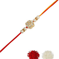 Accessher Mens Traditional Special Handmade White Floral Kundan Rakhi With Beads For Brother Pack Of 1 With Roli Kumkum Packets And Happy Rakshabandhan Card For Raksha Bandhan