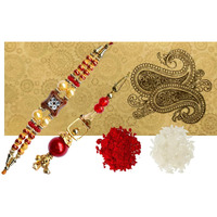 Purpledip Bhai Dooj Rakhi Hamper: Bhai Bhabhi Rakhi In Shagun Envelop With Auspicious Roli Chawal Tika (Rakhi35R)