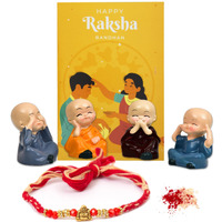 To The Nines Rakhi Gift Set For Brother Gift Combo - Rakhi With Polyresin Buddha Set Of 4, Tilak Material And Greeting Card