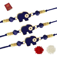 Alaukik Evil Eye Rakhi Protect From Negative Energy Set Of 3 Unisex Evil Eye Rakhi With Beads Handmade Rakhi With Roli Chawal For Bro/Brother (Elephant Evil Eye Rakhi)