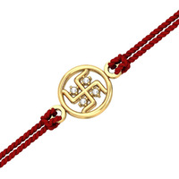 Kuberbox 18Kt Swastik Yellow Gold Rakhi Bracelet For Brother Raksha Bandhan Gift Roli Chawal Thread