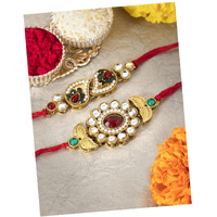 Peora Rakhshabandhan Thread Rakhi For Brother Bhaiya | Kundan Crystals & Beads Studded | Red Green White | Combo Set Of 2 | Rakhi Hamper Roli Chawal & Greeting Card