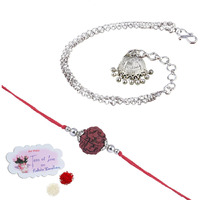 Jfl Unisex Adult-Jewelleryforless Handmade Rakhi Combo Couple Pair Panch Mukhi Rudraksha & Silver Plated Jhumki Bracelet Rakhi Set For Bhaiya Bhabhi With Roli Chawal And Written Greeting Note