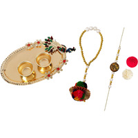 Accessher Traditional Elegant Beads Bhaiyya Bhabhi Lumba Rakhi For Beloved Brother With Acrylic Peacock Pooja Thali, Roli Kumkum Packets And Happy Rakshabandhan Card