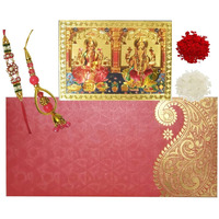 Purpledip Rakhi Set: Bhai Rakhi Bracelet, Bhabhi Rakhi (Lumba Or Latkan), Ganesha Lakshmi Sticker, Roli Tika (Rakhi80D)