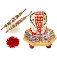 Purpledip Rakhi Set For Brother: Designer Marble Chowki Ganesha, Set Of 2 Rakshabandhan Bracelets & Roli Chawal Tika (Rakhi1E)