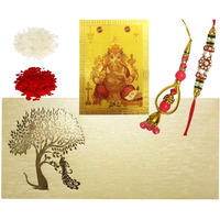 Purpledip Rakhi Set: Bhai Rakhi Bracelet. Bhabhi Rakhi (Lumba Or Latkan), Ganesha Sticker, Roli Chawal Tika (Rakhi80C)