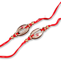 Shonas Style Decorative Shell Rakhi With Evil Eye, Red Thread Bracelet, Gold-Toned Beads, Set Of 2