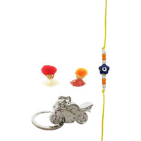 Mehrunnisa Turkish Evil Eye Rakhi With Roli Chawal & 3D Motorbike Keychain Brother Gift (Rak1154)