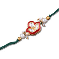 Shonas Style Elegant Pearl Rakhi With Red Thread, Gold-Plated Lotus Design And Crystal Stones (Red)