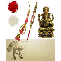 Purpledip Rakhi Set: Bhai Rakhi Bracelet. Bhabhi Rakhi (Lumba Or Latkan), Miniature Ganesha Statue, Roli Chawal Tika (Rakhi79C)