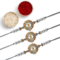 The Purple Tree Unisex-Adult Beautiful Handmade Peacock Rakhi With Card For Brother (Pack Of 3, Grey, Roli Chawal) Bhaiya Rakhi Gift For Bhai