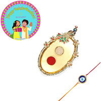 Accessher Traditional Evil Eye Rakhi Set For Brother With Peacock Designed Pooja Thali, Roli Kumkum Packets, And Happy Raksha Bandhan Card