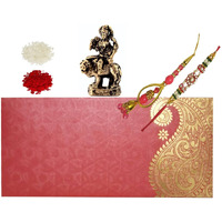 Purpledip Rakshabandhan Set: Bhai Rakhi Bracelet. Bhabhi Lumba Latkan, Roli Chawal Tika, Miniature Ma Sherawali Durga Statue (Rakhi96C)