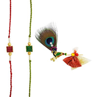 Mehrunnisa (Set Of 2 Handmade Red & Green Crystals Rakhis With Krishna Bansuri Roli & Chawal (Rak1797)