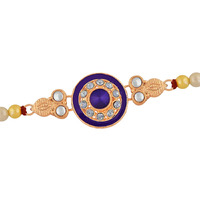 Mahi Blue Meenakari Work And White Crystal, Artificial Pearl Round Rakhi For Bhaiya (Ra1100629Z)