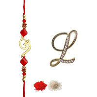 Fure Om Beads Rakhi (Golden) & L Initial Brooch For Brother