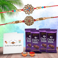 Gifticon Rakhi With Chocolate For Brother Set Of 2 Rakhi 4 Dairy Milk Chocolate Roli Chawal Greeting Card | Gift Box | Ib-4Dm-2R-Rndflwr-Pdl23