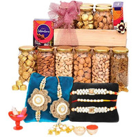 Nutri Miracle Rakhi Dry Fruit & Nut Gifts With Variety Of Handcrafted Rakhis For Brother N Family Including Golden Bhai Bhabhi Pair N Tilak Kit,1.25Kg