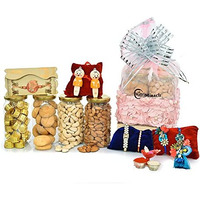 Nutri Miracle Raksha Bandhan 400Gm Chocolates,Cookies,Dry Fruit & Nut Gifts Decorated Fancy Basket With 6 Handcrafted Rakhis N Tilak Kit For Family