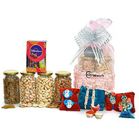 Nutri Miracle Raksha Bandhan 800Gm Chocolate N Dry Fruit & Nut Gifts Floral Pearl Basket/Hamper With 6 Rakhis Including Radha Krishna Pair