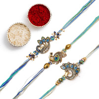 The Purple Tree Mens Meenakari Golden Peacock Rakhis For Brother With Roli Chawal And Card (Pack Of 3) Rakhi For Bhai, Rakshabandhan Gift For Brother, Rakhi Gift