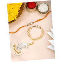 Peora Mustard Yellow & White Rakhi & Lumba For Bhaiya & Bhabhi | Crystals & Beads Studded | Raksha Bandhan Brother Rakhi Hamper With Roli Chawal Greeting Card (Combo, Pack Of 2)