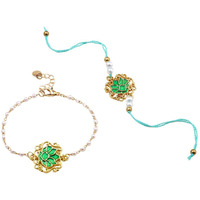 Salty Moss Lotus Rakhi Set For Bhaiya & Bhabhi | Designer Moli Dora Bracelet With Roli Chawal | Raksha Bandhan Gift Of Love & Protection | Stylish Rakhi For Brother, Bhai & Sister