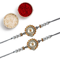 Purple Tree Unisex-Adult Beautiful Handmade Peacock Rakhi With Card For Brother (Pack Of 2, Grey, 1 Roli Chawal) - Bhaiya Rakhi Gift