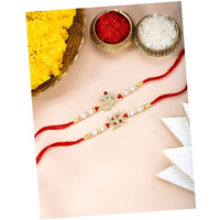 Peora Crystal & Beads Studded Swastik & Om Rakhi For Brother Raksha Bandhan Rakhi With Roli Chawal Greeting Card (Combo, Pack Of 2)