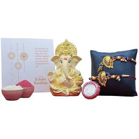 Gold Art India Ganesha Idol Combo With Free Peacock Rakhi & Lumba Set, Roli Chawal, Silver Plated Coin, And Gift Card - Perfect Raksha Bandhan Gift