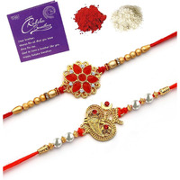 Sukkhi Rakhi Traditional Gold Plated Ad Stone & Pearls Designer Floral Combo Rakhi For Brother With Roli Chawal & Greeting Card|Set Of 2|Cbrak107437