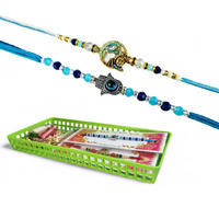 Go Hooked Set Of 2 Designer Rakhi For Bhaiya And Bhabhi With Roli Chawal Vials Greeting Card And Storage Tray | Raksha Bandhan Gift Combo Set | Beautiful Pearl Beads Aesthetic Rakhi For Brother (Gh04)