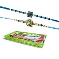 Go Hooked Set Of 2 Designer Rakhi For Bhaiya And Bhabhi With Roli Chawal Vials Greeting Card And Storage Tray | Raksha Bandhan Gift Combo Set | Beautiful Pearl Beads Aesthetic Rakhi For Brother (Gh05)