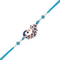 Mahi Rose Gold Plated Blue Glossy Meenakari Work Peacock-Shaped Fancy Rakhi With Crystals For Brother, Bhai, Bro (Ra1100762Z)