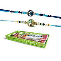 Go Hooked Set Of 2 Designer Rakhi For Bhaiya And Bhabhi With Roli Chawal Vials Greeting Card And Storage Tray | Raksha Bandhan Gift Combo Set | Beautiful Pearl Beads Aesthetic Rakhi For Brother (Gh06)