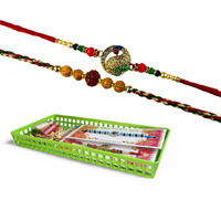 Go Hooked Set Of 2 Designer Rakhi For Bhaiya And Bhabhi With Roli Chawal Vials Greeting Card And Storage Tray | Raksha Bandhan Gift Combo Set | Beautiful Pearl Beads Aesthetic Rakhi For Brother (Gh07)