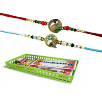 Go Hooked Set Of 2 Designer Rakhi For Bhaiya And Bhabhi With Roli Chawal Vials Greeting Card And Storage Tray | Raksha Bandhan Gift Combo Set | Beautiful Pearl Beads Aesthetic Rakhi For Brother (Gh08)
