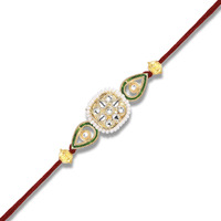 Mahi Traditional Kundan Rakhi For Brother | Square Floral With Green Enamel & Red Thread (Ra1100828G)