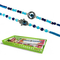 Go Hooked Set Of 2 Designer Rakhi For Bhaiya And Bhabhi With Roli Chawal Vials Greeting Card And Storage Tray | Raksha Bandhan Gift Combo Set | Beautiful Pearl Beads Aesthetic Rakhi For Brother (Gh02)