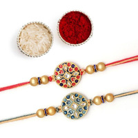 The Purple Tree Red And Blue Floral Kundan Rakhi For Bhai (Pack Of 2), Handmade Rakhi For Brother, Rakshabandhan Gift For Bhai, Best Rakhi For Bhaiya