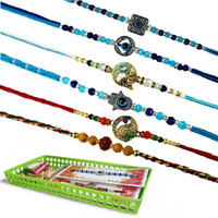 Go Hooked Set Of 6 Designer Rakhi For Bhaiya And Bhabhi With Roli Chawal Vials Greeting Card And Storage Tray | Raksha Bandhan Gift Combo Set | Beautiful Pearl Beads Aesthetic Rakhi For Brother