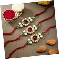 Peora Rakhshabandhan Thread Rakhi For Brother Bhaiya | Kundan & Crystal Studded | Red Green White | Combo Pack Of 3 | Rakhi Hamper With Roli Chawal & Greeting Card