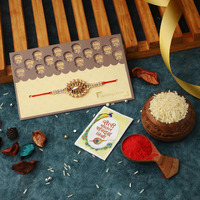 Vending India Designer Rakhi Set In A Kalash Greeting Card - Combo With Roli, Chawal, Chandan, Mishri