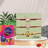 Alaukik Kids Rakhi Set Of 3 With Chocolate Gift Pack, Handmade Rakhis For Rakhi Celebrations,Roli Chawal Card And Best Wishes Card,80 Grams