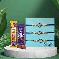 Alaukik Premium Designer Rakhi Set Of 3 With 2 Pieces Chocolates|Rakhi Chocolate Gift For Brother|Roli, Chawal,,100 Grams
