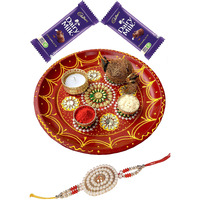 Cluze Exclusive Rakshabandhan Gift For Brother - Decorative Handcrafted Rakhi Pooja Thali Set With 2 Dairy Milk Chocolate, Roli Chawal, Artificial Coconut, Candle, Rakhi Set