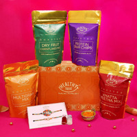 Healthy Treat Bhaiya Bhabhi Healthy Namkeen Rakhi Gift Hamper | Roasted Snacks Gift's Pack | A Pair Of Rakhii, Roli Chawal, Rakhi-Themed Stickers | Gifts For Brother And Sister | The Ultimate Assorted Raksha Bandhan Hampers